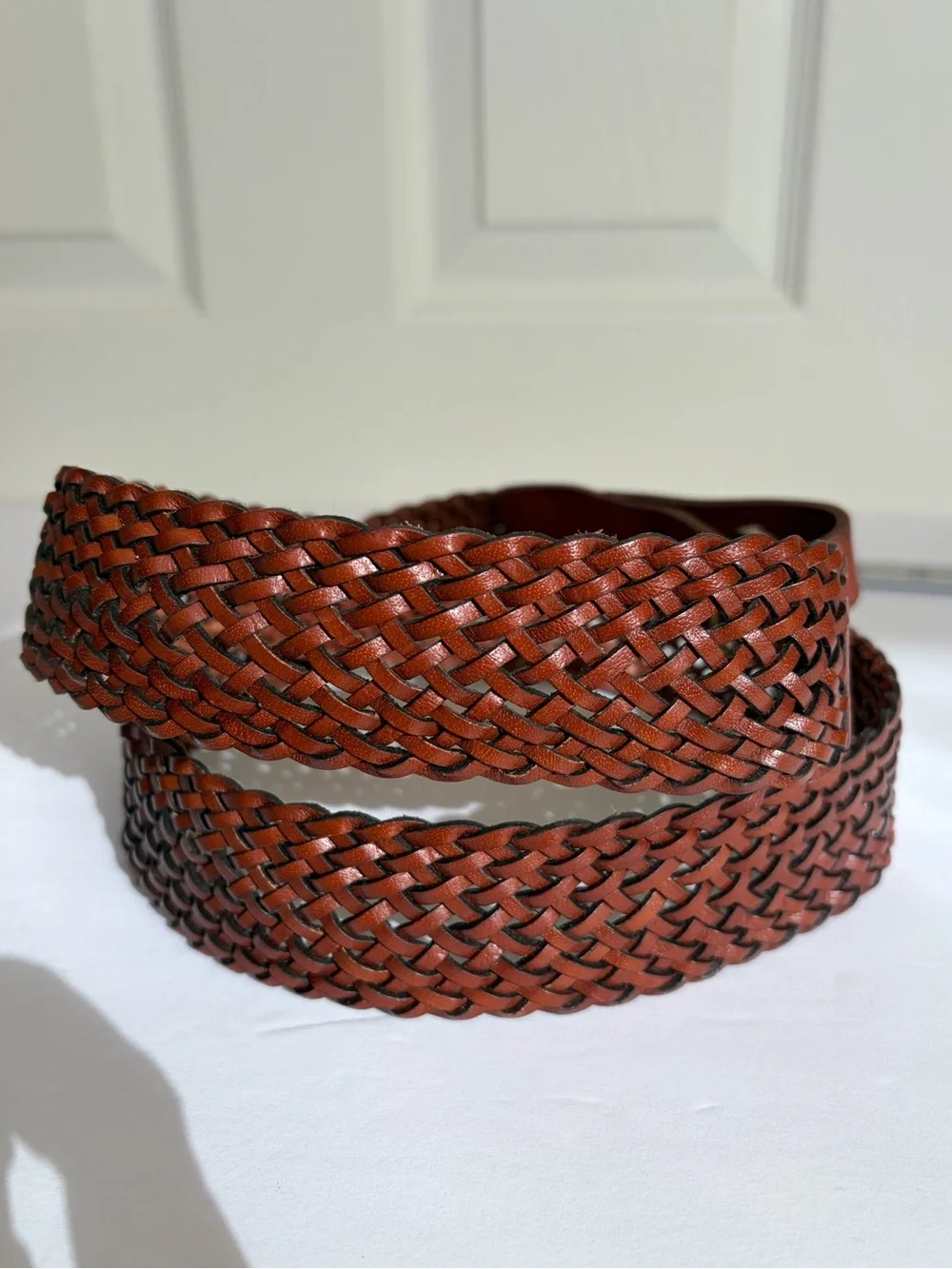 Lucky Brand Brown Leather Braided Belt Brass D Ring Loop Buckle Boho L/XL